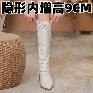 小个子内增高9cm靴子女秋冬复古西部牛仔靴不过膝长筒骑士靴显瘦