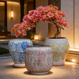 复古手工彩绘陶瓷花盆高老桩三角梅九尾狐粗陶盆透气多肉植物盆栽