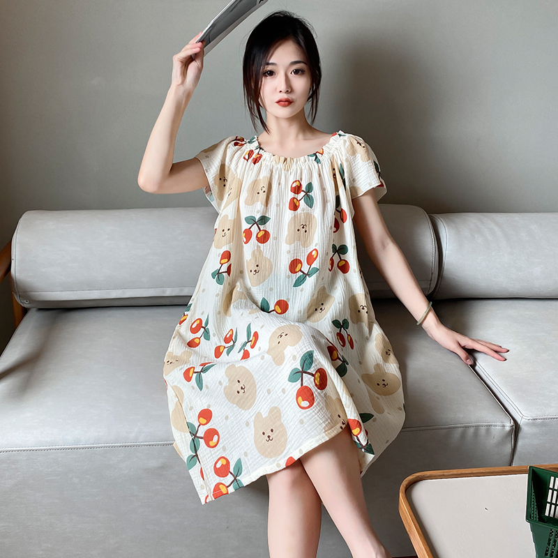 观昵纯棉棉纱胖mm夏加肥加大睡裙