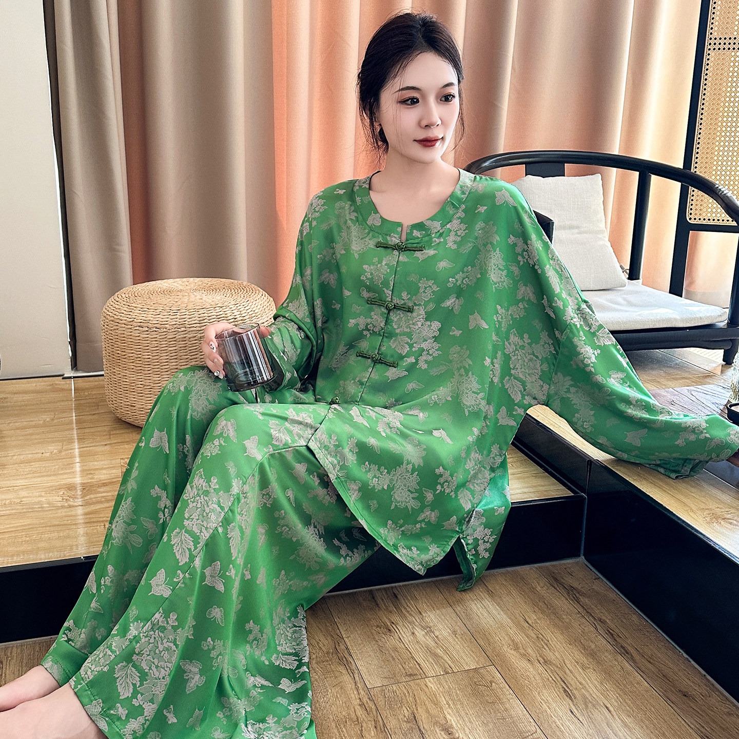 新中式冰丝睡衣女大码胖mm春秋复古国风仿丝绸开衫家居服200斤夏,女士内衣/男士内衣/家居服,睡衣/家居服套装,淘宝优惠券,粉丝福利购,淘宝优惠卷