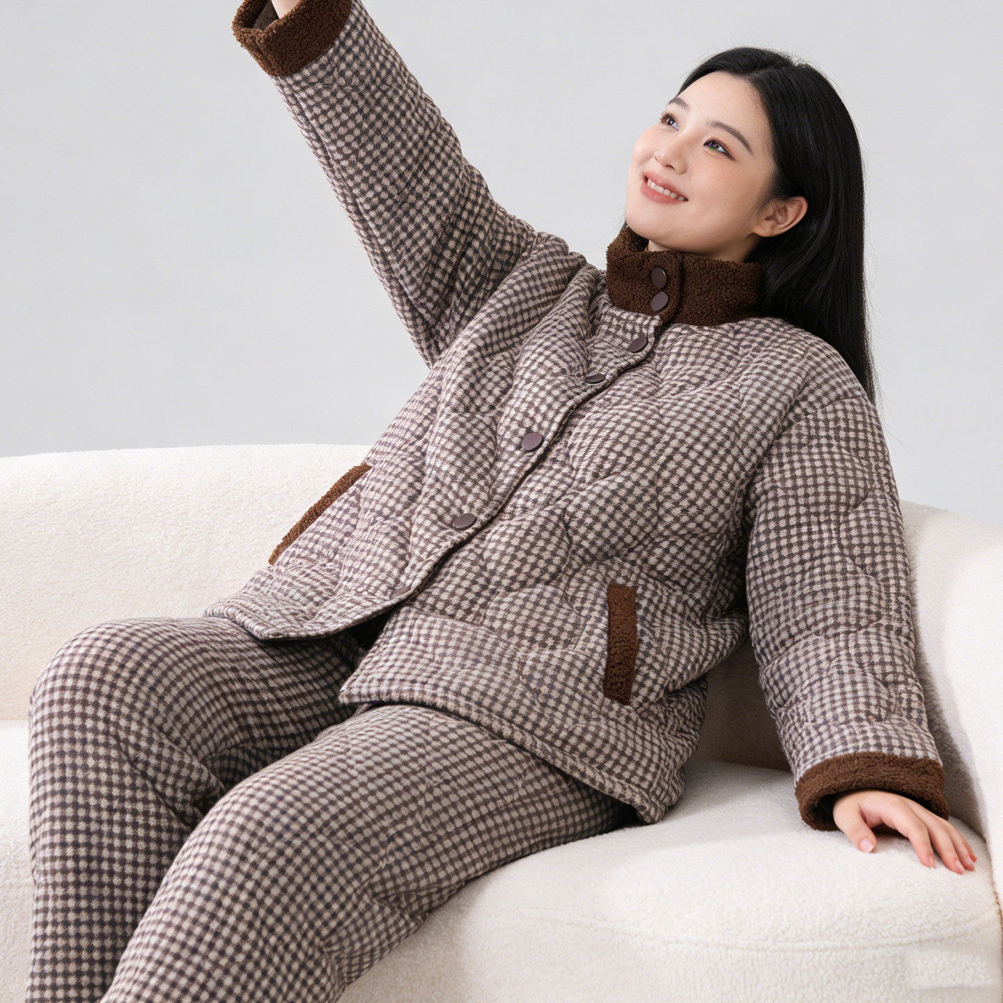 冬季女士大码睡衣加绒加厚三层夹棉立领格子家居服套装200斤胖mm,女士内衣/男士内衣/家居服,睡衣/家居服套装,淘宝优惠券,粉丝福利购,淘宝优惠卷