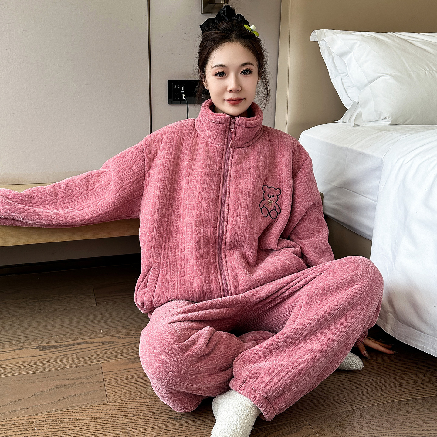 观昵冬季大码睡衣女200斤珊瑚绒