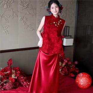 新中式国风红色晨袍女新娘便装敬酒服高级感订婚旗袍两件套装裙子
