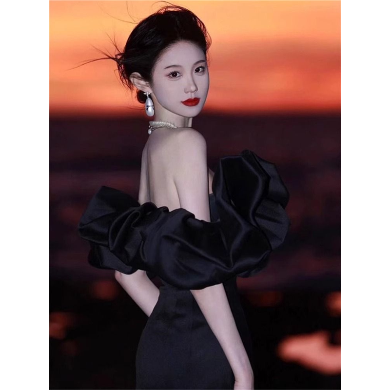 订婚生日party小礼服高端轻奢名媛气质一字肩荷叶边抹胸连衣裙女