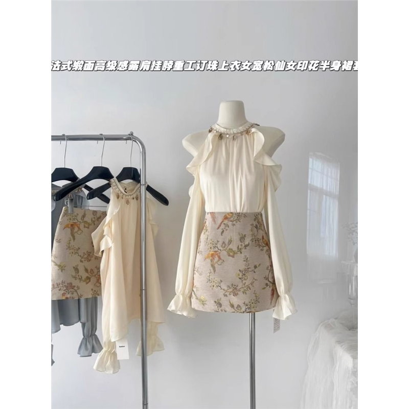高级缎面衬衫女2025新款春装新中式印花半身裙子盐系轻熟两件套装