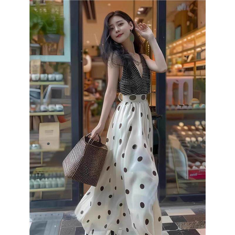 御姐风气质女神范夏装搭配一整套港风挂脖衬衫波点半裙两件套装女
