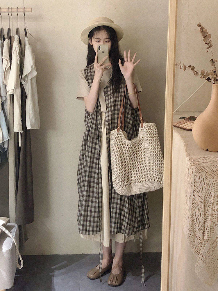 夏装搭配一整套韩系时尚休闲小个子慵懒风气质格子马甲半身裙套装