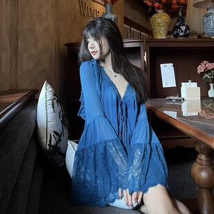 孔雀蓝蕾丝 仙气慵懒纯欲衬衫女喇叭袖性感上衣度假风民族风上衣