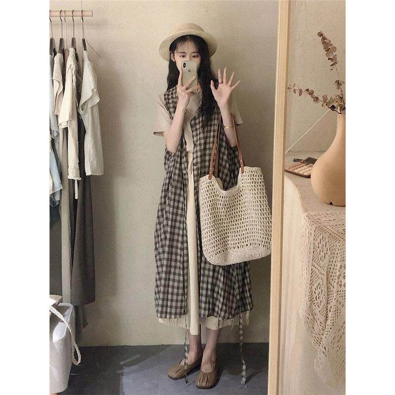 夏装搭配一整套韩系时尚休闲小个子慵懒风气质格子马甲半身裙套装