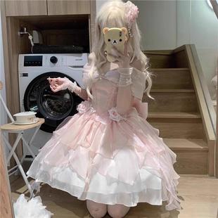 一字肩粉色小花仙花嫁Lolita小晚礼服女洛丽塔公主裙生日常连衣裙