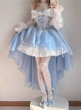 蓝色连衣裙洋装设计前短后长花嫁重工大蝴蝶结拖尾公主裙子洛丽塔