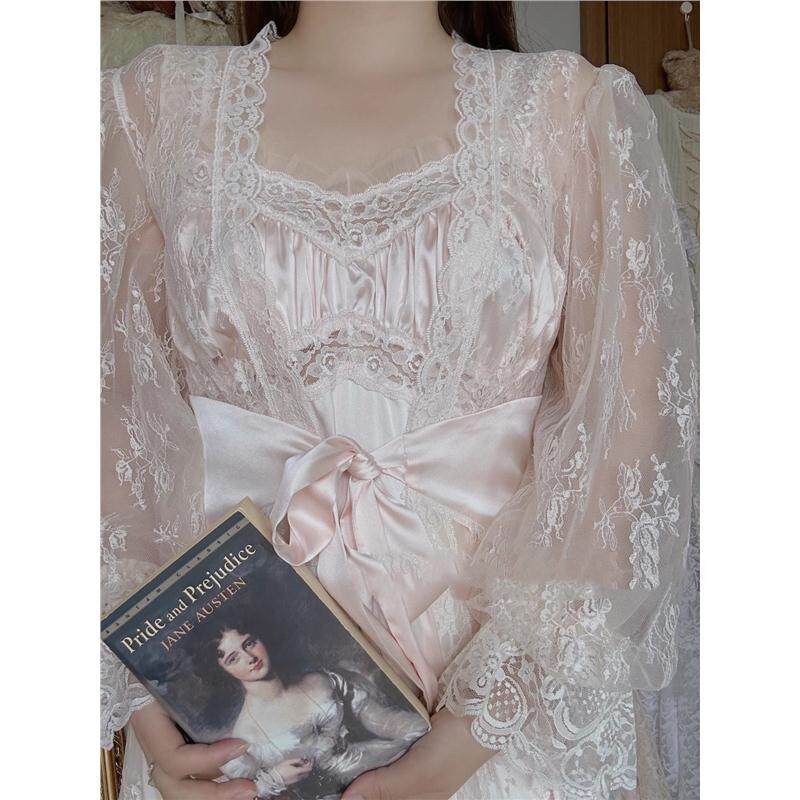 《温妮公主》法式复古少女蕾丝睡裙秋季居家服晨袍蕾丝花边公主裙