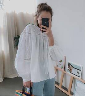 衬衣 洋气蕾丝拼接白衬衫 女甜美减龄灯笼袖 娃娃衫 宽松蓬蓬上衣长袖