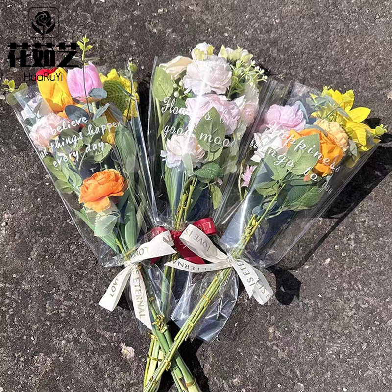 透明多支花束套袋鲜花玫瑰满天星防水塑料包装袋花纸单支摆摊英文