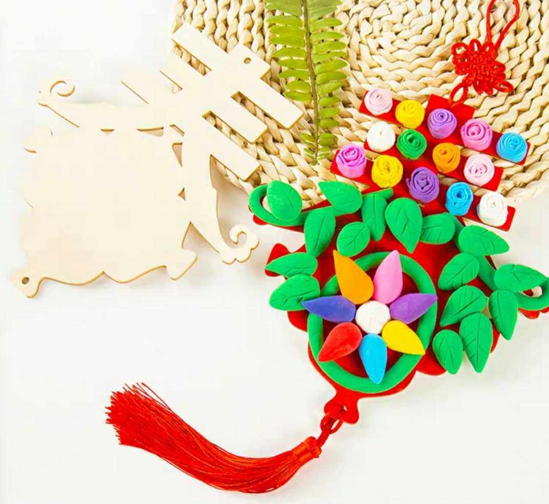 春节系列木质白胚春字 彩绘超轻黏土雪花珍珠泥配件手工制作门福