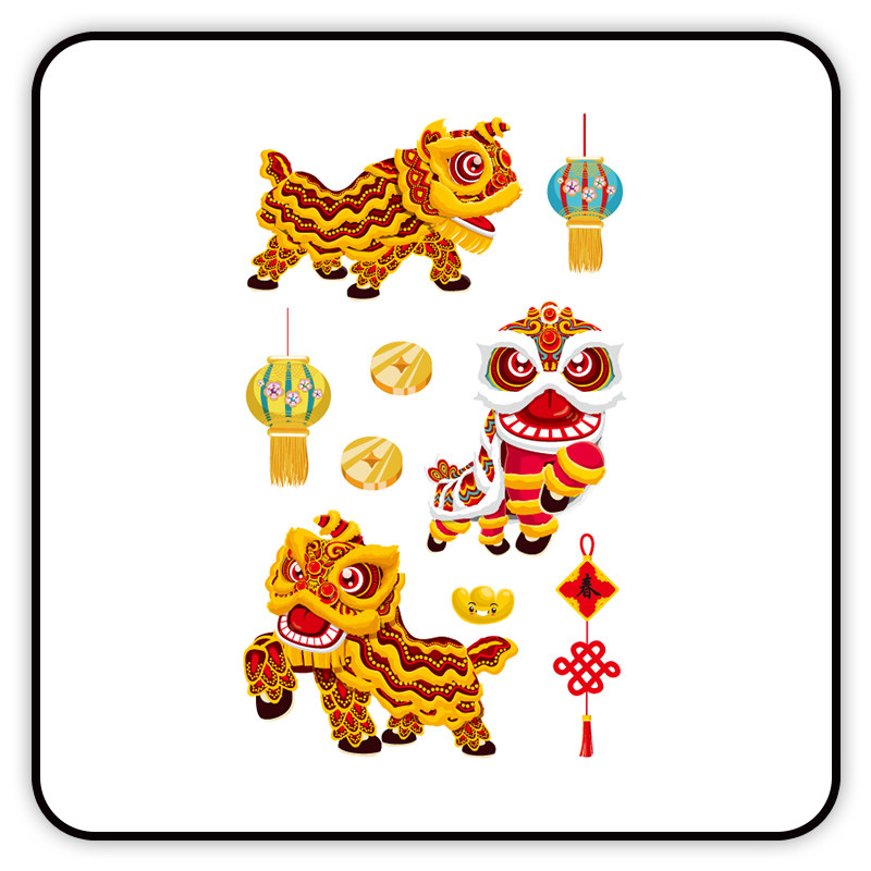 中国风醒狮纹身贴防水男女国潮灯笼舞狮彩色小图案一次性文身贴纸