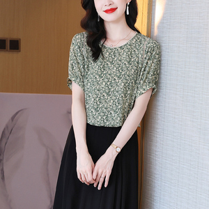 真丝品牌衬衫女新款蕾丝洋气短袖t恤桑蚕丝时尚碎花妈妈小衫上衣