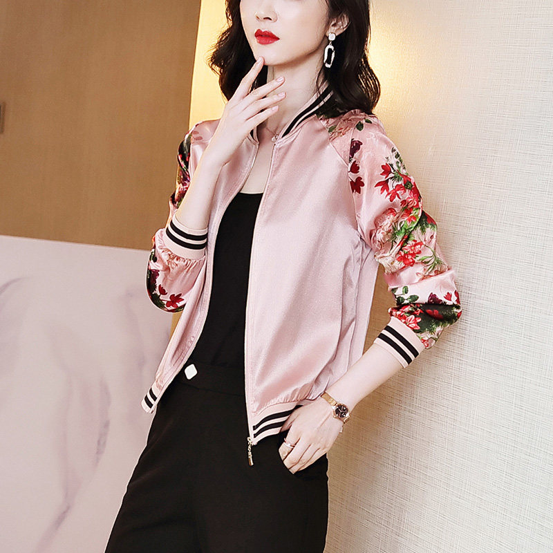 真丝女士短外套2020春秋新款欧货长袖欧洲站桑蚕丝夹克棒球服上衣