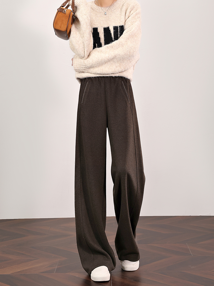 棕色阔腿裤的妇女在冬季羊毛衬里裤高腰宽松醋酸羊毛经典褶皱弯刀