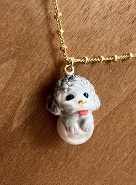 原创设计新款珐琅釉彩灰白色泰迪犬小狗项链精致可爱送女友礼物