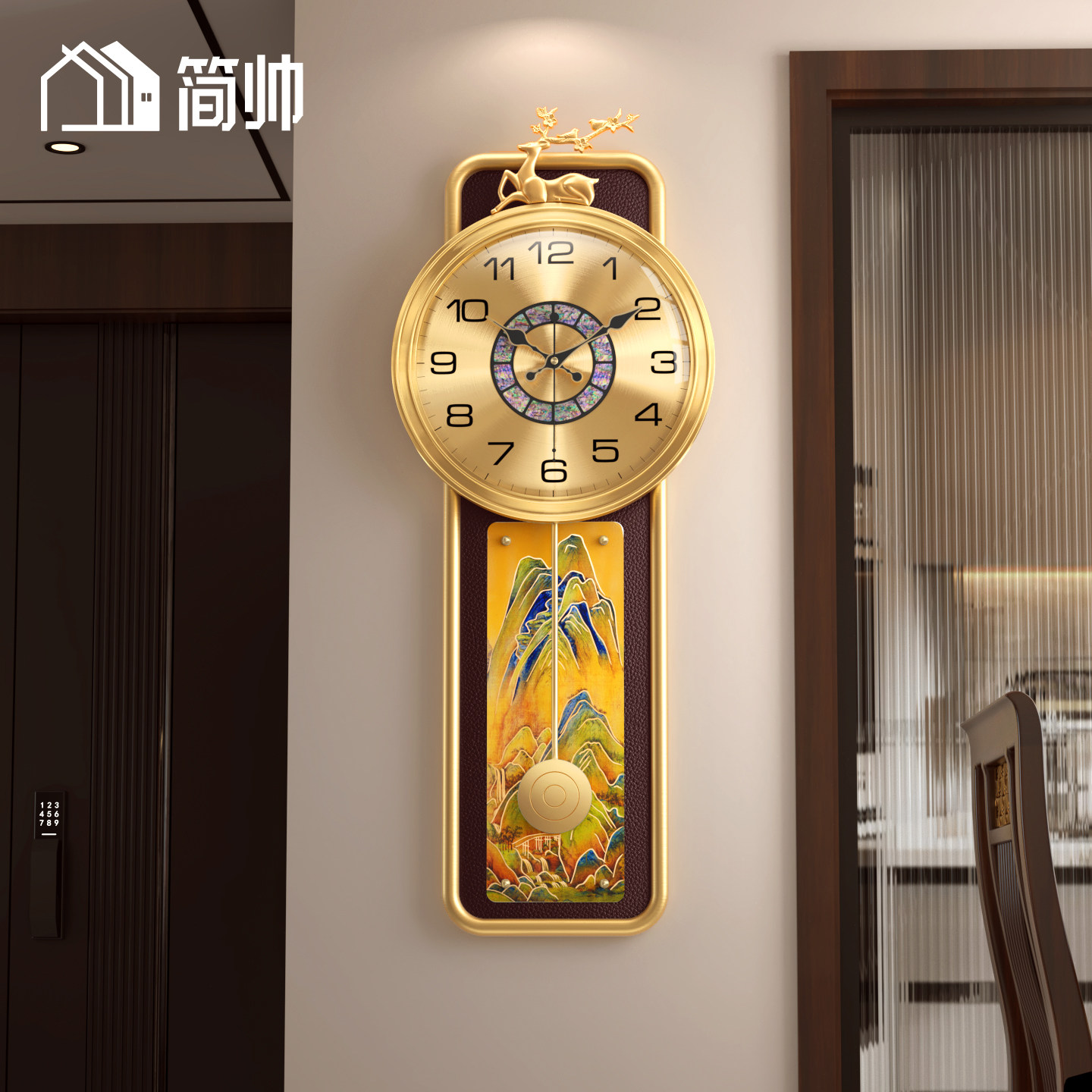 简帅家居饰品新中式黄铜挂钟客厅家用高档钟表静音表时钟挂钟表