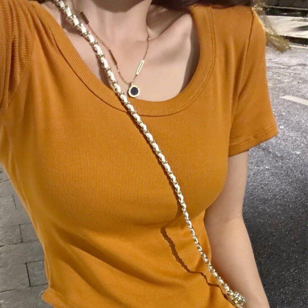 官图纯色螺纹棉低领短袖t恤女夏背心吊带