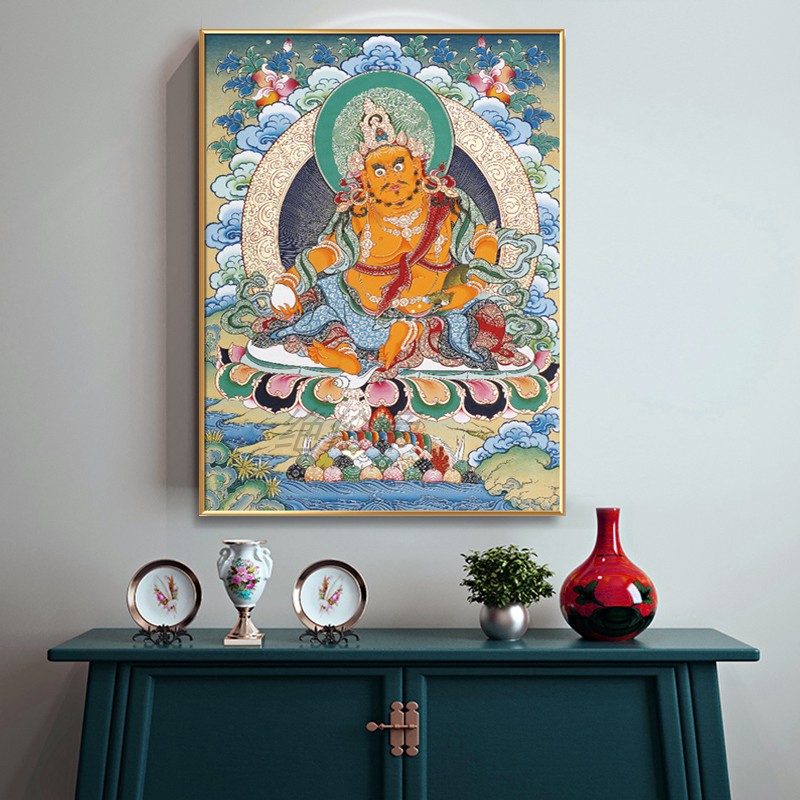 藏式黄财神挂画办公室客厅中堂招财装饰画唐卡佛像财神爷壁画带框