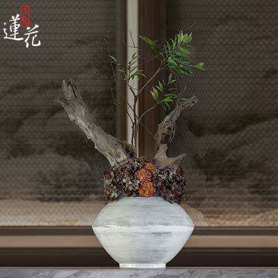 大相莲花侘寂月亮罐花瓶 纯手工家居陶瓷干花器 软装客厅摆件插花