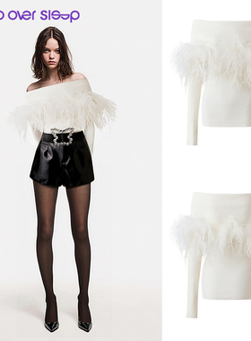 Sleep Over Sleep秋冬新款纯欲千金鸵鸟毛缀饰白色一字肩毛织上衣