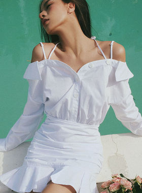 【赵露思同款】Sleep Over Sleep白色纯欲风一字肩吊带衬衫连衣裙