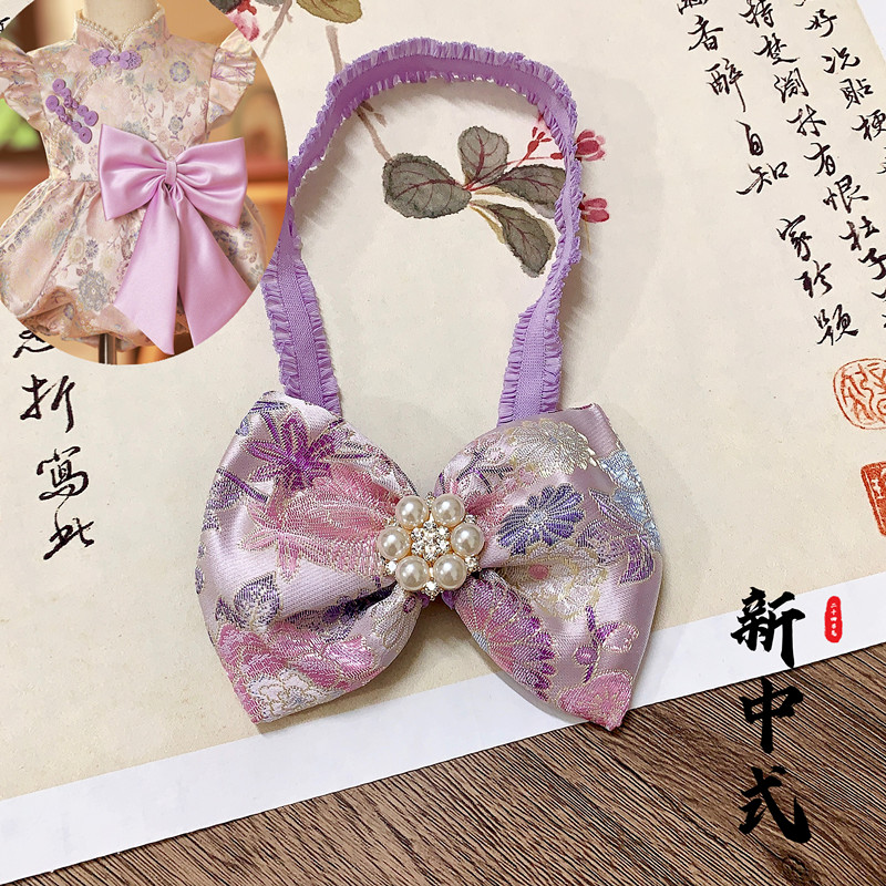新中式手工发饰女宝宝锦缎紫色发带百天周岁礼服汉服唐装搭配抓周