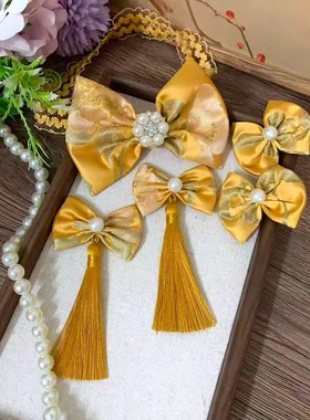 新中式婴儿金黄色发箍百天周岁满月礼服头饰手工弹力发带中国风