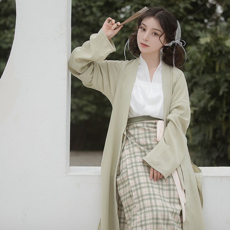 唯美之镜原创宋制汉服女飞机袖旋裙夏日常汉元素格纹套装短衫薄款