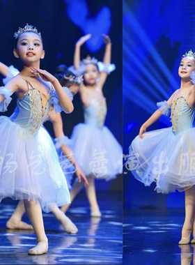 儿童浅蓝色芭蕾舞裙长纱裙演出服天鹅湖长款TUTU裙现代舞表演服装