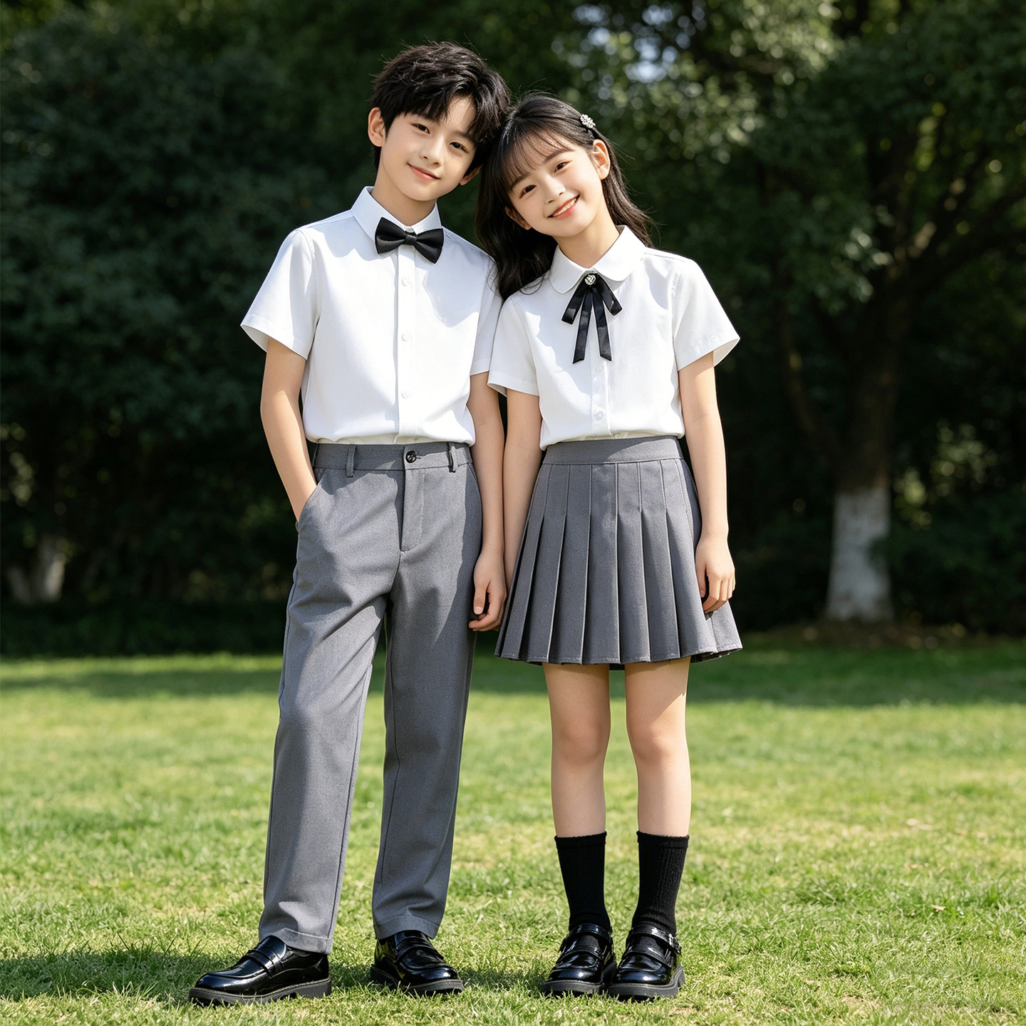 小学生朗诵演出服抗皱男童白衬衣灰色西裤女童白衬衫灰色短裙套装