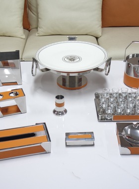橙色不锈钢摆台全套ktv果盘架烟灰缸纸巾盒会所包厢桌面摆件套装