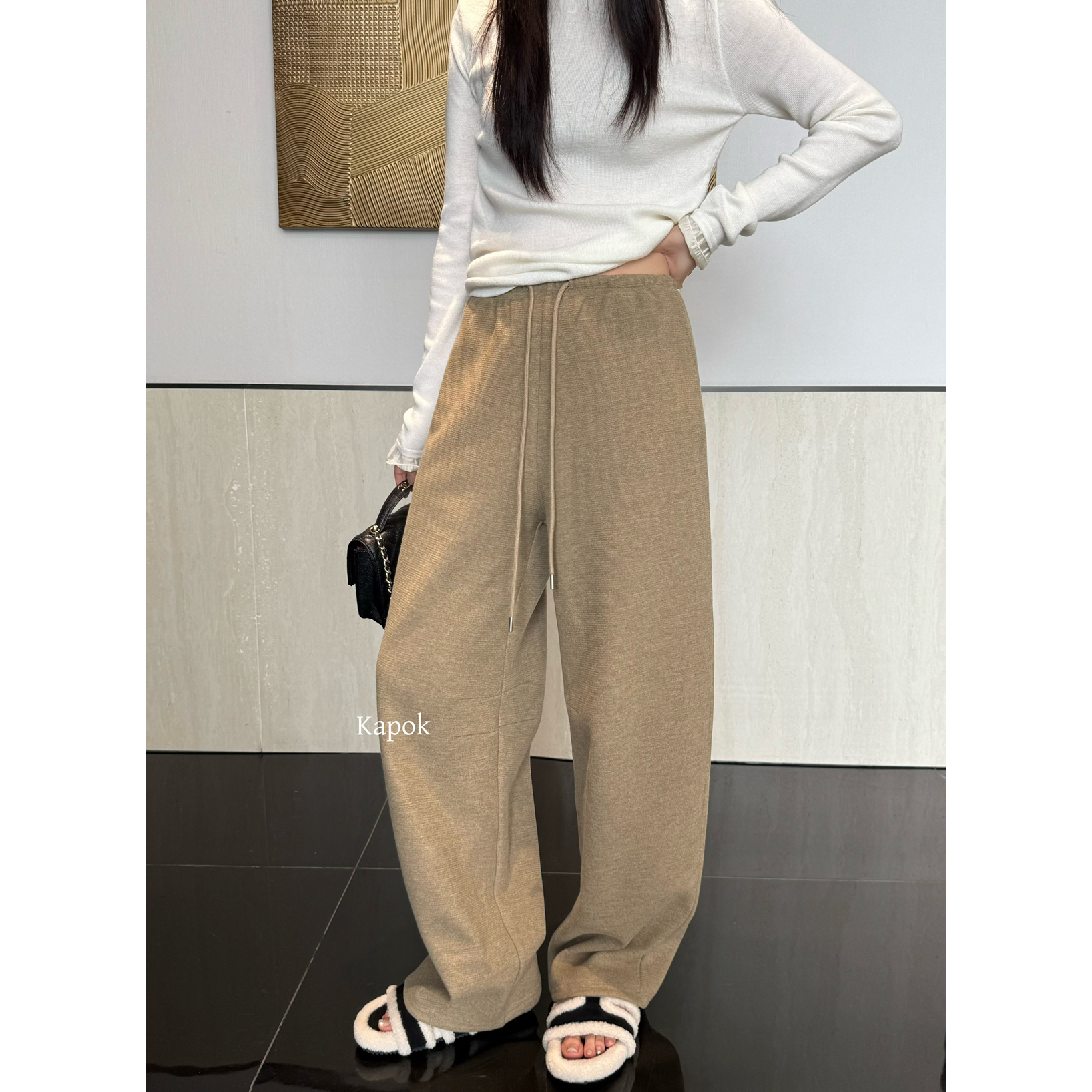 KAPOK2025十三行秋冬新款加厚加绒松紧腰抽绳百搭直筒阔腿休闲裤