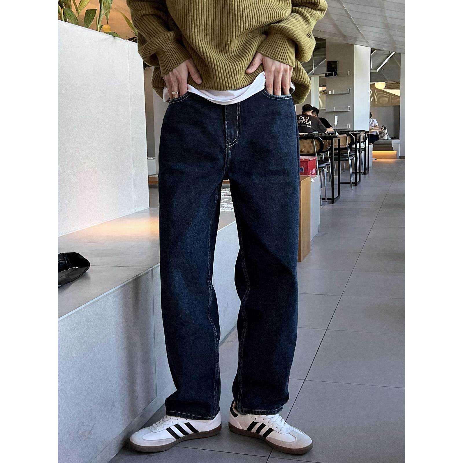 nick tian 宽松休闲牛仔裤男秋季港风复古百搭深蓝色阔腿直筒长裤