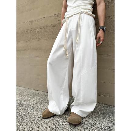 DBW Doublewin白色阔腿休闲裤男小众设计宽松垂感弯刀型工装裤子