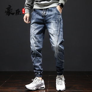 香港秋季款工装牛仔裤男束脚松紧腰宽松束腿收脚哈伦痞帅高级潮牌