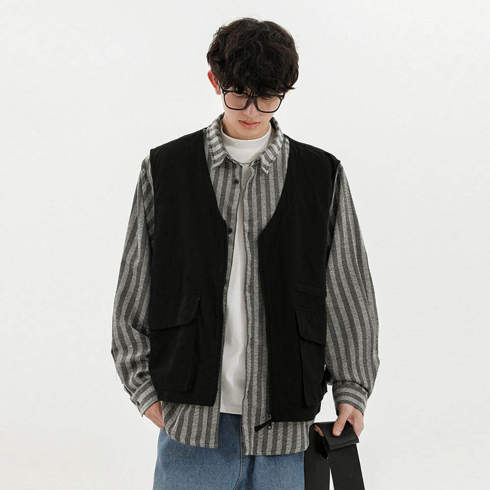 SHAPOES春秋季男生日系纯棉条纹长袖衬衫男士假两件休闲工装外套