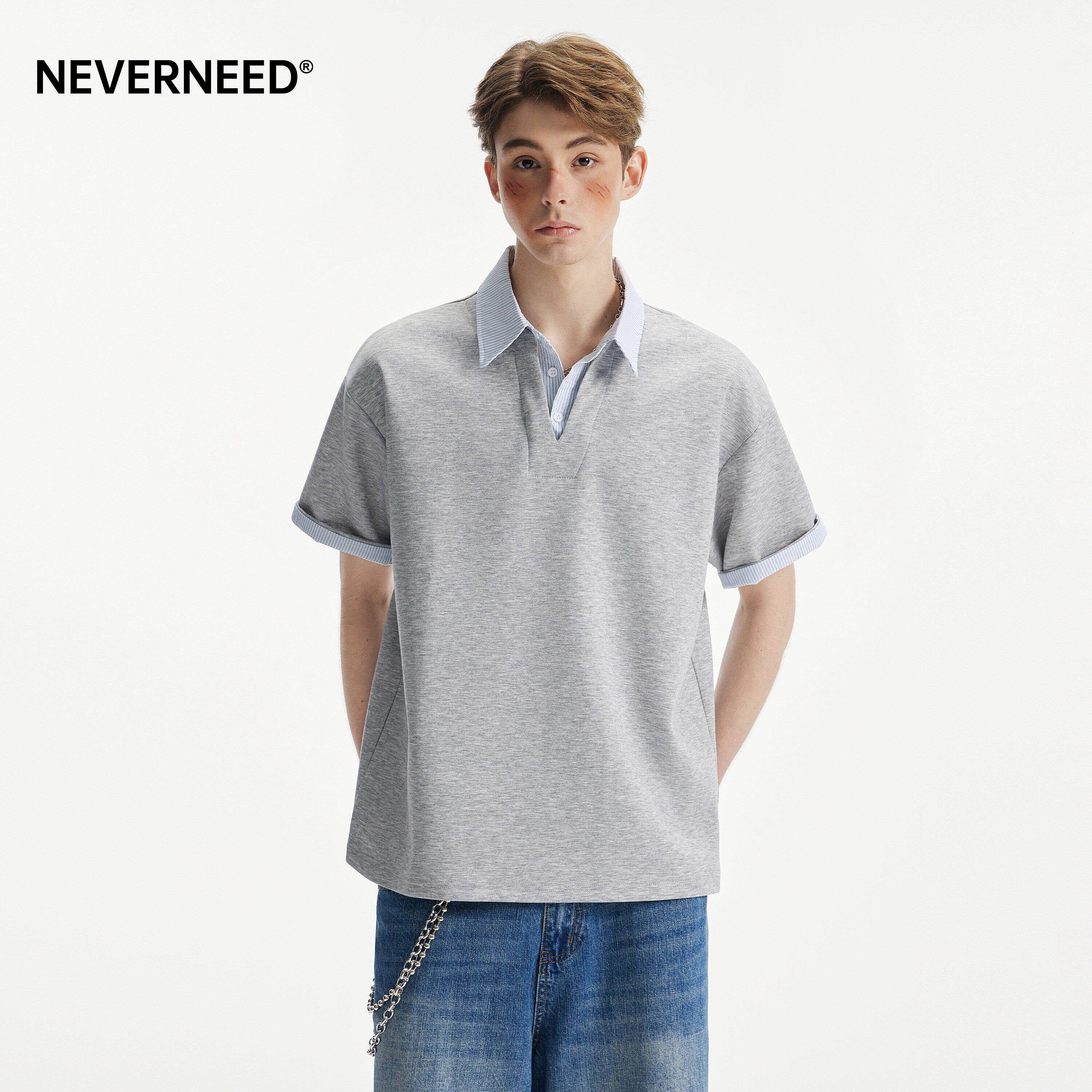 NEVERNEED假两件高智感短袖t恤男女夏季美式休闲条纹半袖POLO衫