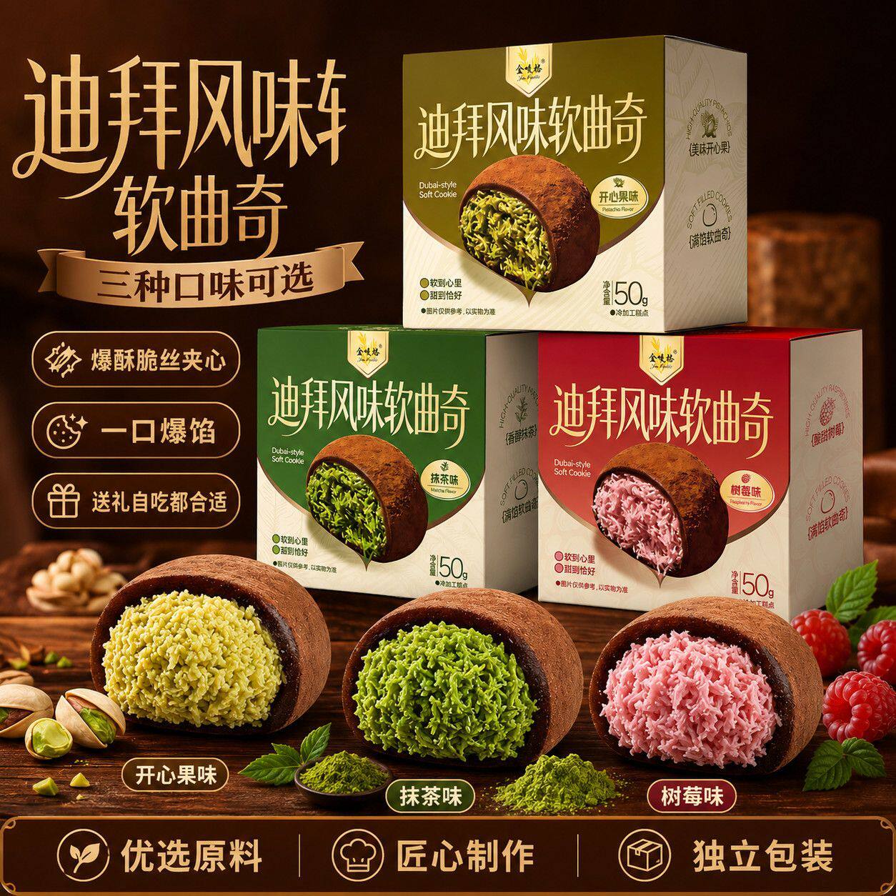 迪拜软曲奇雪媚娘开心果抹茶树莓夹心糯巧克力酥脆多口味曲奇零食