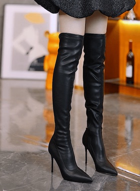 尖头过膝靴女2025年秋冬新款细跟高跟长靴侧拉链软皮弹力瘦瘦靴