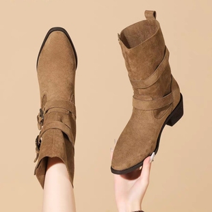 皮带扣粗跟短靴两穿女2025秋冬新款 靴 复古美拉德尖头靴子西部时装