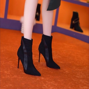 短靴尖头黑色时装 品牌鞋 时尚 女2025年秋冬新款 靴子 9cm细跟高跟鞋