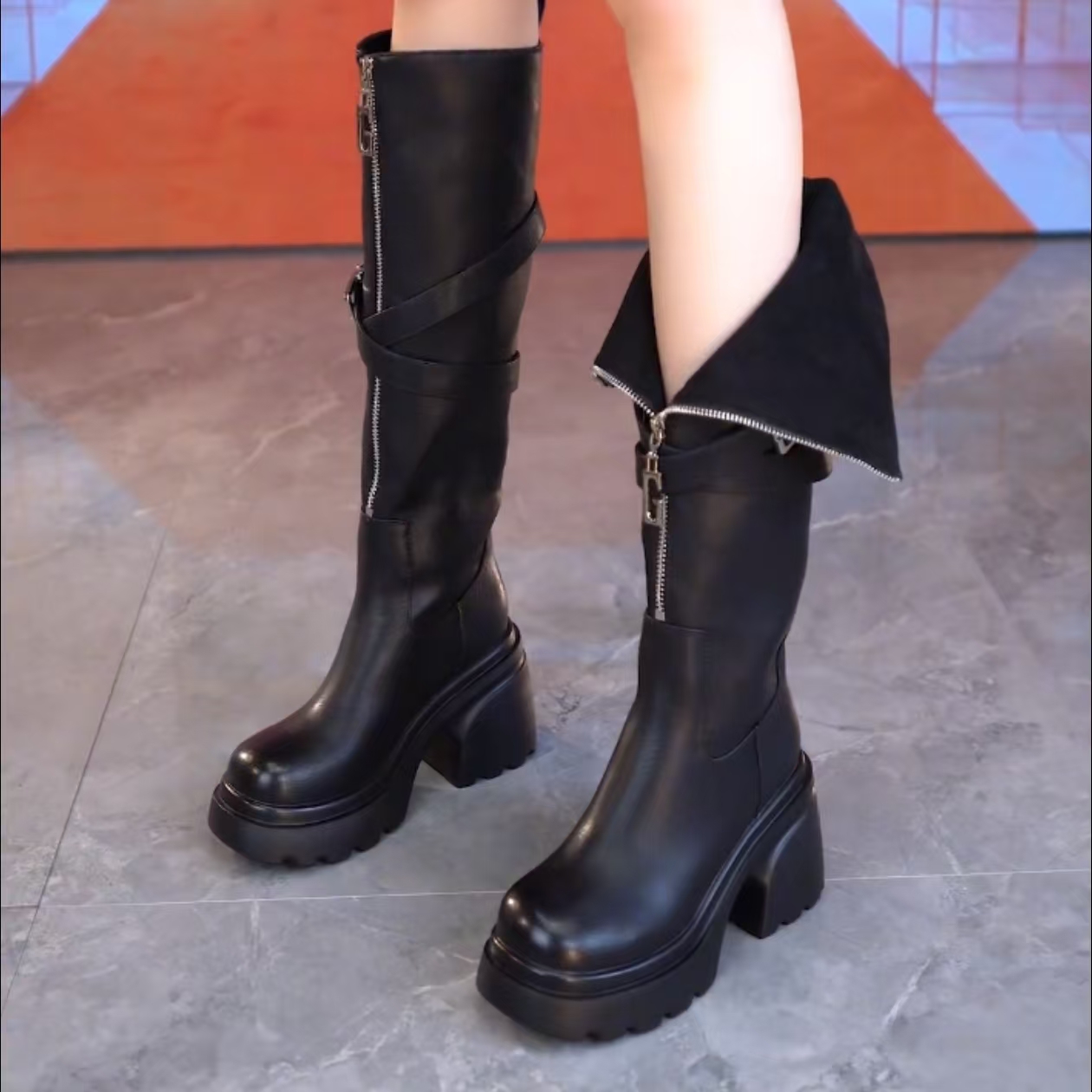 防水台厚底骑士靴女长筒靴