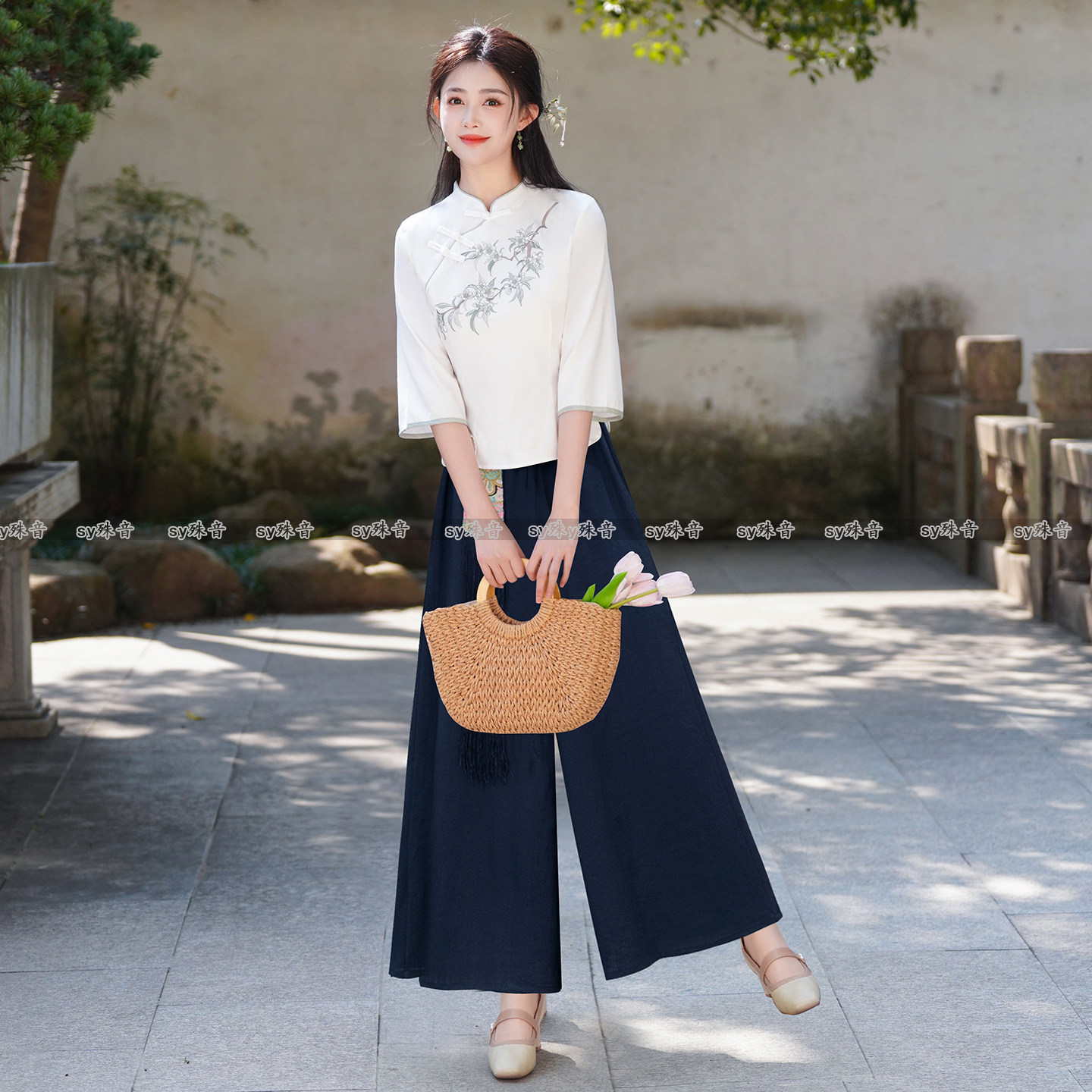 春夏新款中式茶楼养生馆工作服女装中国风改良旗袍上衣汉服套装裤