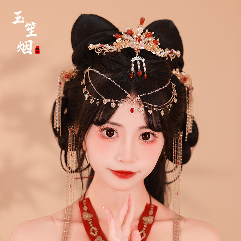 汉服发饰女套装红色发冠步摇玛瑙发簪异域古风头饰流苏发钗古装配