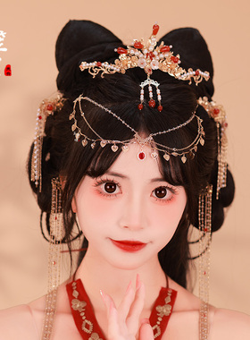 汉服发饰女套装红色发冠步摇玛瑙发簪异域古风头饰流苏发钗古装配